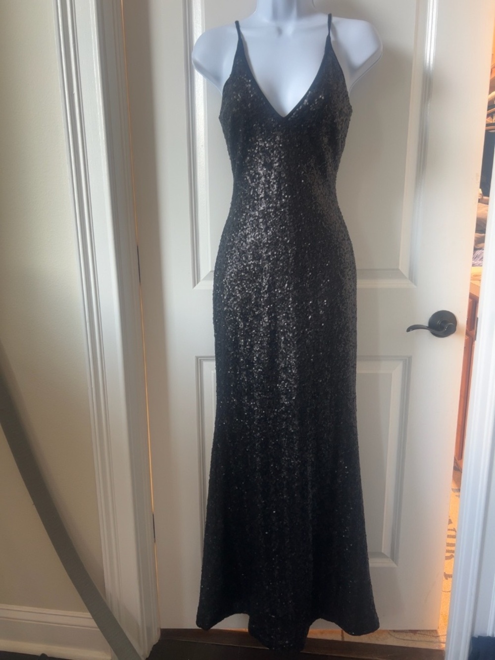 Dress the Population Black Sequin V-Neck Maxi Gown Dress XS NWT